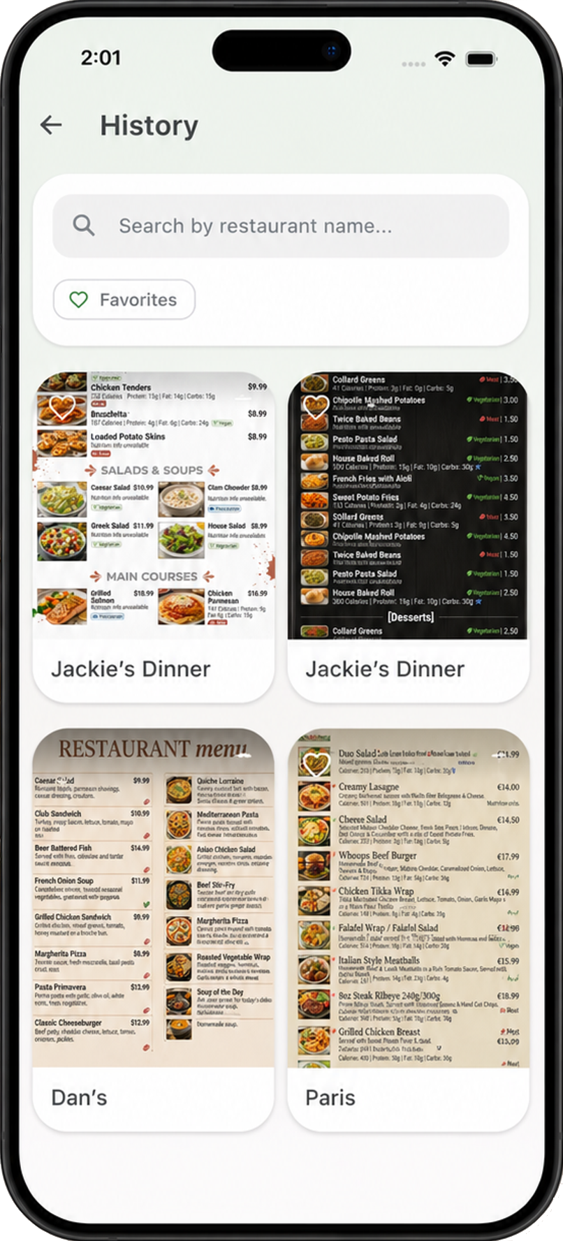 DishPics history screen showing saved restaurant menus
