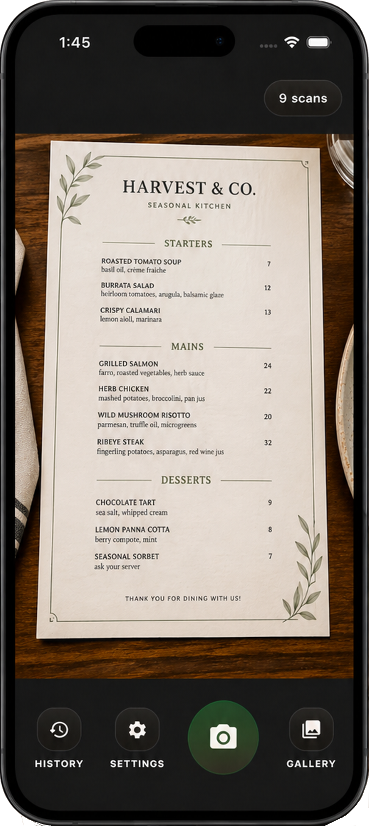 DishPics camera screen capturing a restaurant menu